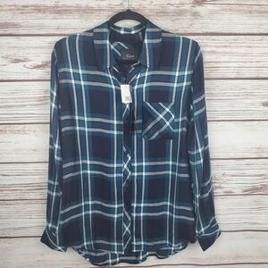 NWT Rails Womens Small Hunter Admiral Navy Blue & Teal Plaid Button Down Shirt